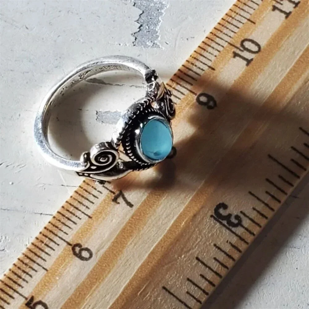 Artisan India Blue Agate 925 Sterling Silver Plated Gemstone Ring Size 7.5